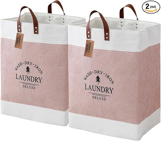 COMFY HOMI 2Pack 76L Laundry Basket & Hamper, Large Collapsible Waterproof Clothes Baskets with Handles, Freestanding Laundry Hampers for Bedroom Bathroom Dorm - 15.8x11.8x21.7 Inch - White/Pink