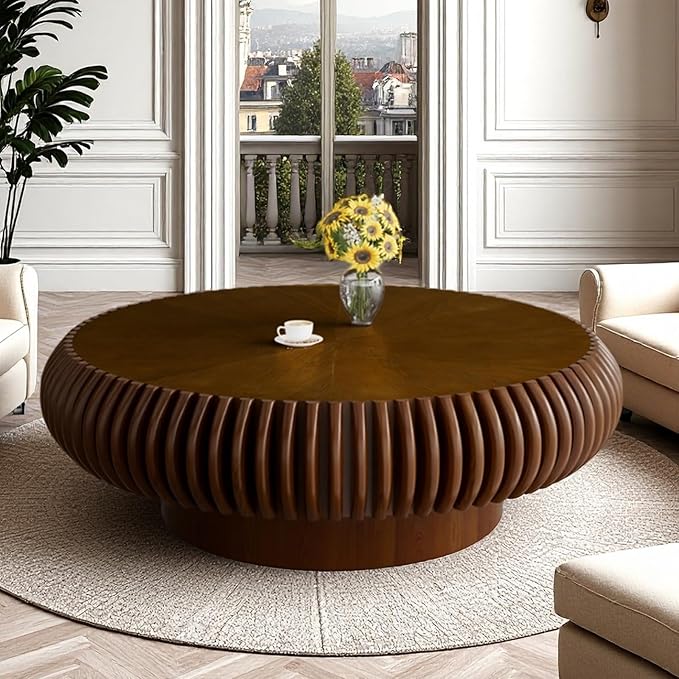 Fluted Round Coffee Table for Living Room 39.37" Modern Drum Coffee Table Mid Century Handcrafted Circle Wood Center Tables with Pedestal for Small Space Apartment (Walnut)