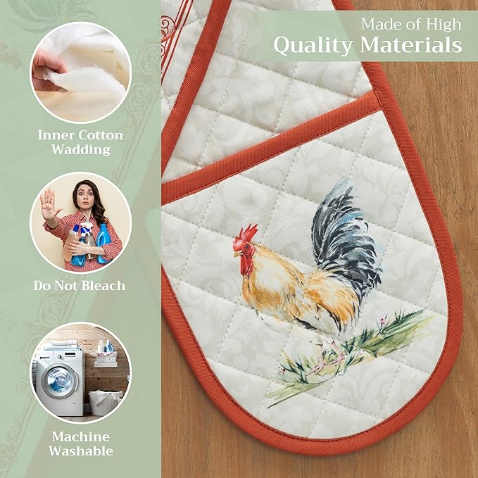 Maison d' Hermine Double Oven Mitt (7" x 35") 100% Cotton Heat Resistant BBQ Cooking Gloves with Loop for Thanksgiving Christmas Decorations Baking Cooking Barbeque Handling Hot Pan (Rural Christmas)