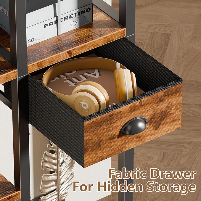 Furologee Bookshelf with USB Ports and Outlets, Shelf with Drawer, Industrial Display Shelves with Charging Station, 6 Tier Storage Shelves for Bedroom, Living Room, Home Office, Rustic Brown