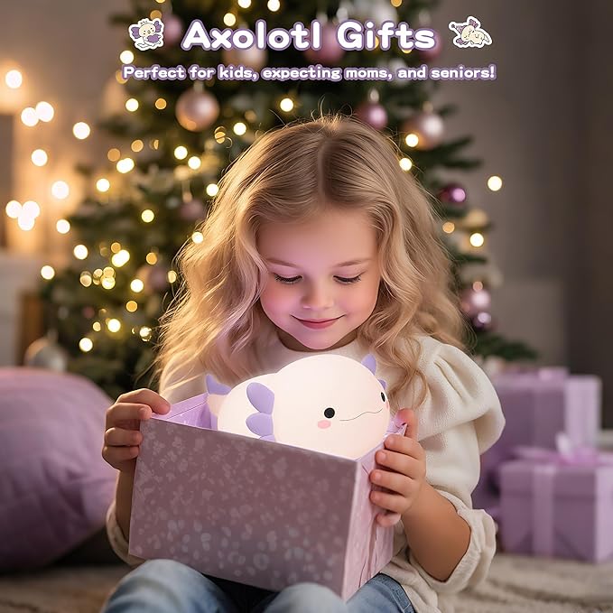 Axolotl Night Light for Kids,Cute Purple Axolotl Lamp ,LED Squishy Nursery Nightlight, Soft Silicone Novelty Animal Bedside Touch Lamp,Adorable Room Decor , Axolotl Christmas Gifts for Mom Girls Baby