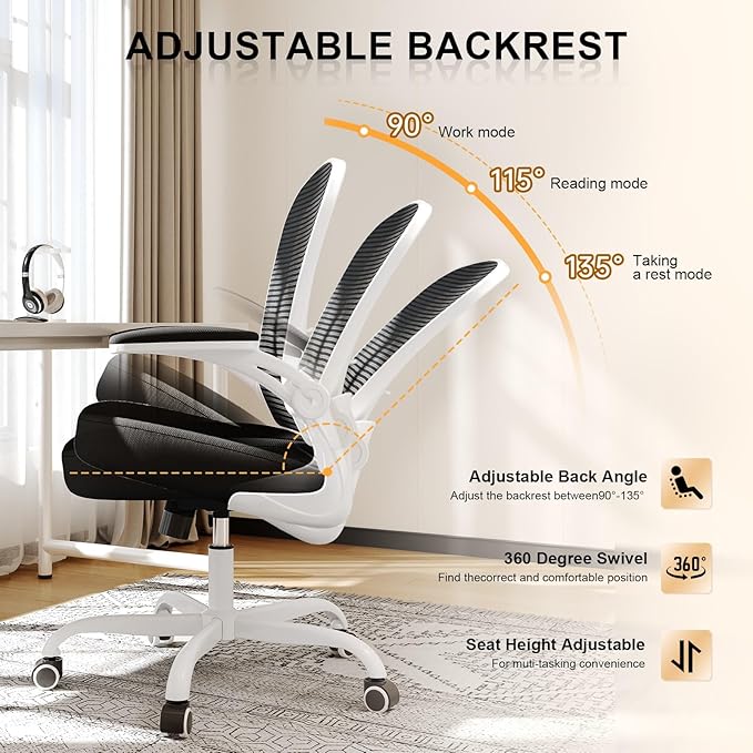 Synorla Office Chair, Ergonomic Desk Chairs 330LBS Capacity High Back Mesh Computer Chair with Flip-up Armrests, Comfy Work Chair with Adjustable Lumbar Support