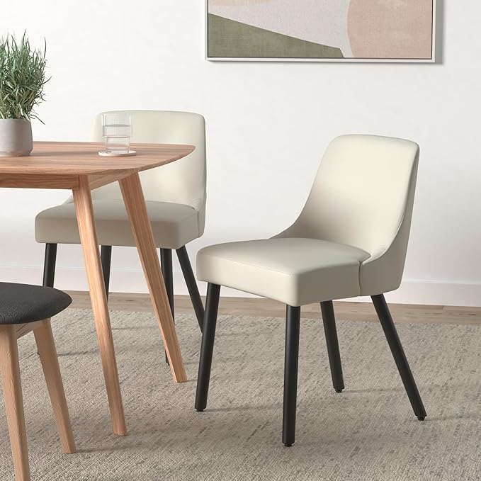 MINCETA Dining Chair,Morden Wood Leg Upholstered Kitchen Chair Set of 2,PU in Cream White