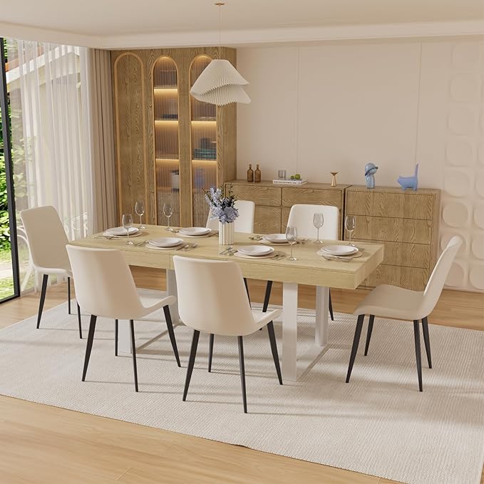 Dining Chairs, Modern PU Leather Dining Room Chair with Sturdy Metal Legs, Upholstered Seat Dinner Chairs Accent Side Chairs for Indoor Kitchen Living Room Restaurant Cafe (Cream, Set of 6)