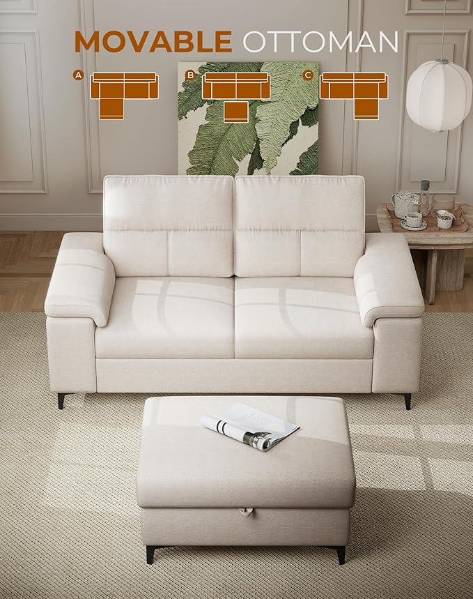 71.25" L Shaped Sectional Couches for Living Room, Deep Seat Sofa with Big Storage Ottoman & 8”Cushion, Comfy 2-Seater Chenille Loveseat, Convertible Armrest, Removable Cover for Small Space(Beige)