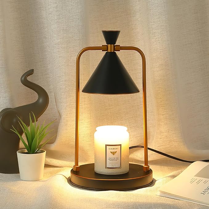 OurLeeme Candle Warmer Lamp - Dimmable Electric Candle Warmer Lamp with Timer Vintage Metal Candle Lamp for Jar Candles Aromatic candleholders for Home Decor (with 2 Bulbs, Black)