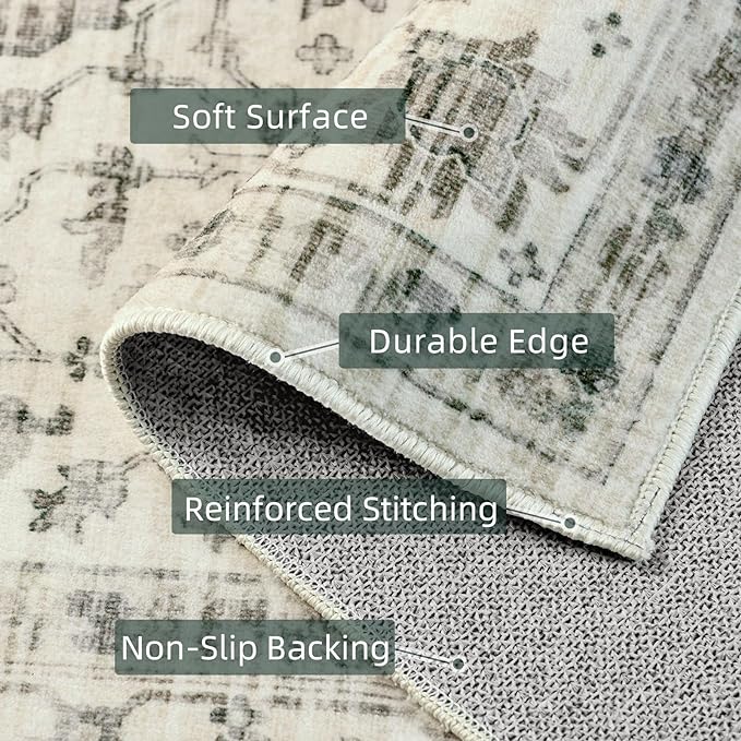 5x8 Area Rugs for Bedroom - Washable Rug 5x8 Rugs Vintage Large Carpet Non-Slip Boho Rug for Living Room Dining Room Nursery Area Rugs Print Floor Rug Cream