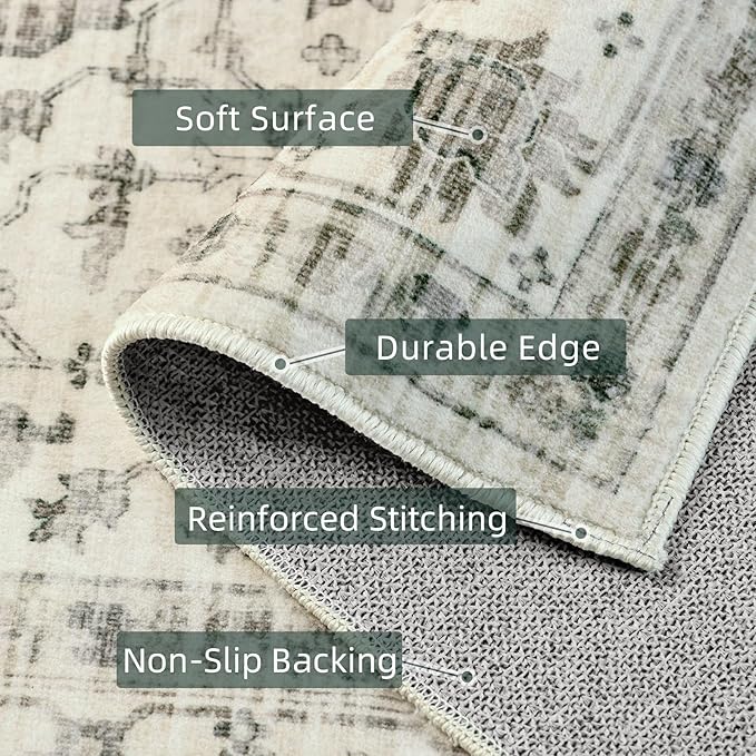 Deerly Washable Rugs 8x10 Area Rug Large Rugs for Living Room - Boho Large Vintage Non-Slip Distressed Carpet Aesthetic Print Floor Rug Cream