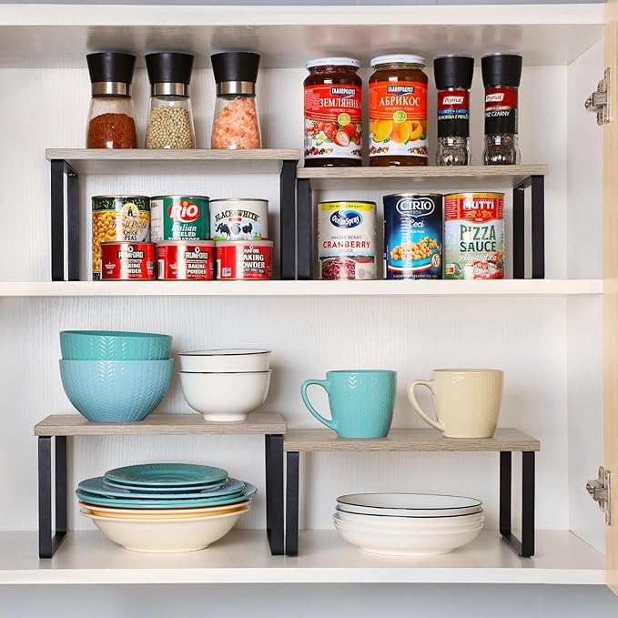 NEX Kitchen Cabinet and Counter Shelf Organizer, Shelf Riser for Pantry Countertop Cupboard Desk Top, Stackable & Expandable, Set of 4, Black and Greige