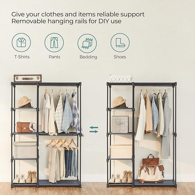 SONGMICS Portable Closet, Freestanding Closet Organizer, Clothes Rack with Shelves, Hanging Rods, Storage Organizer, for Cloakroom, Bedroom, 44.1 x 16.9 x 65 Inches, Gray URYG024G02