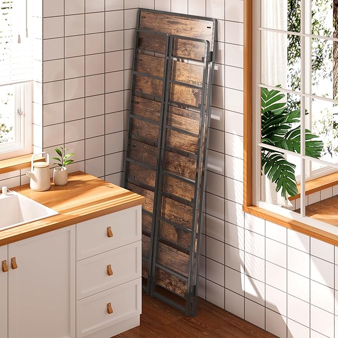 4NM No Assembly 6 Tiers Folding Bookshelf Storage Shelves Vintage Bookcase Standing Racks Study Organizer Home Office (Rustic Brown Black)