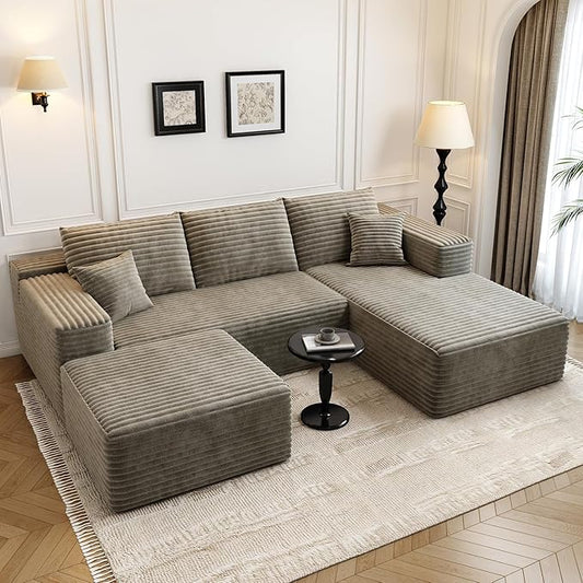 107.5"Cloud Modular Sectional Couch with 1 Ottoman,Modern Minimalist Upholstered Couches, Comfort U Shaped Sofa for Living Room,Deep Seat Corner Couch，No Assembly Required (Camel,Right Facing Chaise)