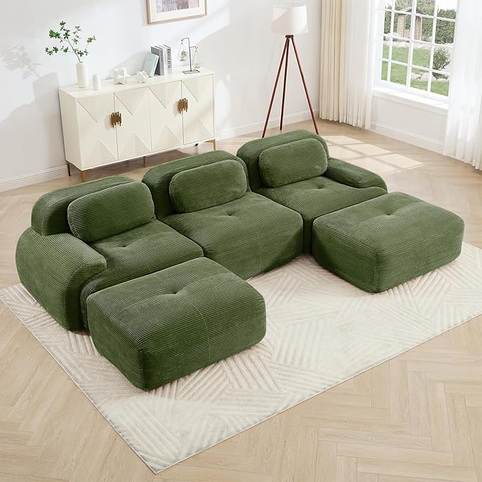 116" Modern Corduroy Cloud Sofa with Ottoman, U Shaped Boneless Modular Large Sectional Couches for Living Room, Green 3 Seater Compressed Memory Foam Couch, Extra Deep Seat, No Assembly