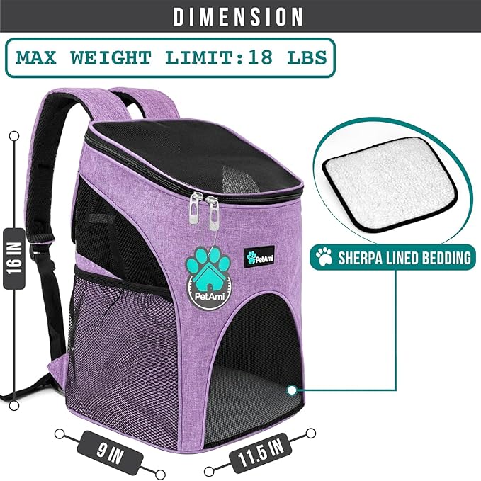 PetAmi Small Dogs and Cat Backpack Carrier, Airline Approved Pet Backpack Carrier, Ventilated, Safety Strap, Buckle Support Designed for Hiking Travel Camping Outdoor, Max 18 lbs (Heather Purple)