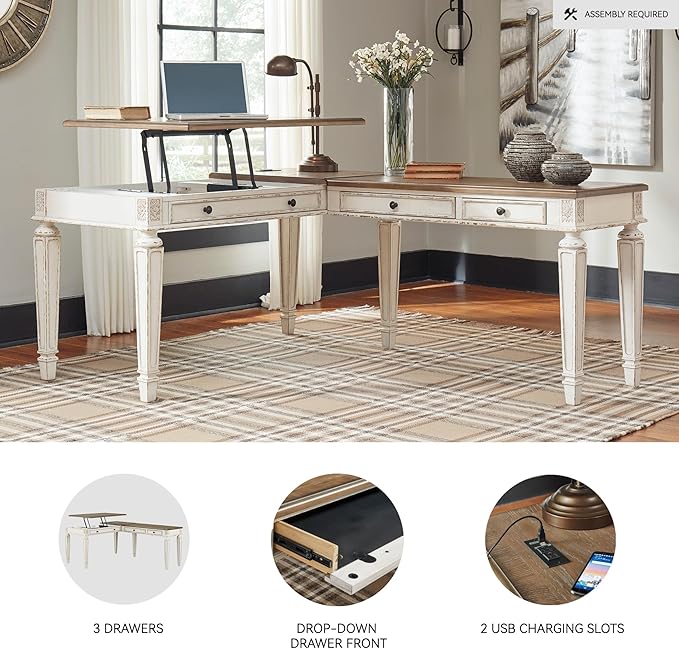 Signature Design by Ashley Realyn French Country 3-Drawer 2-Piece Home Office Desk with Spring Lift Top, USB Ports and AC Plug-Ins, Dark Brown & White
