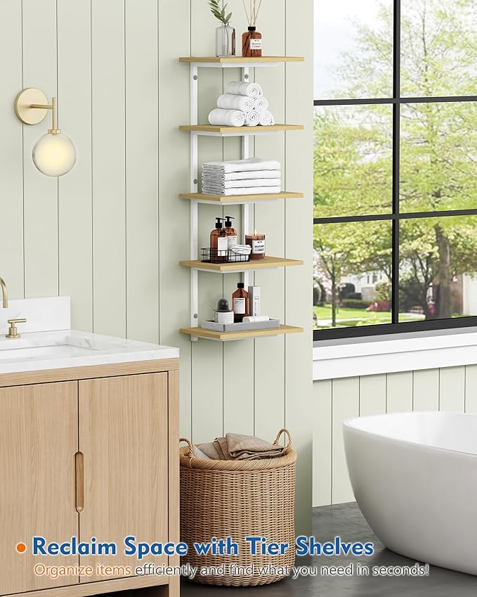 White and Natural Tiered Wall Shelf Unit, 5 Tier Display Floating Shelves, Deep Hanging Wall Shelving Unit for Living Room Plants TV, Bedroom Books, Office Décor (White and Natural Wood)