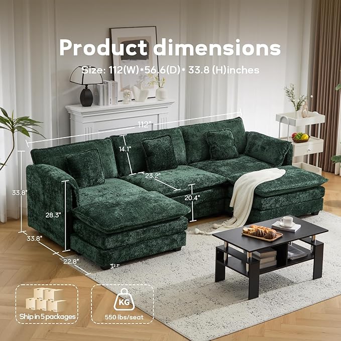 112" U Shaped Modular Sectional Sofa, 3 Seater Comfy Cloud Couch with Movable Ottoman, Deep Seat Couches for Living Room, Bedroom, Apartment (Green)