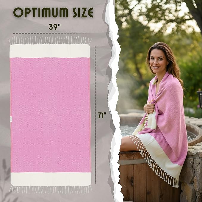 Bazaar Anatolia Turkish Beach Towel 100% Cotton Bath Towels 71x39 Quick Dry Sand Free Lightweight Large Oversized Herringbone Hot Pink Fuscia