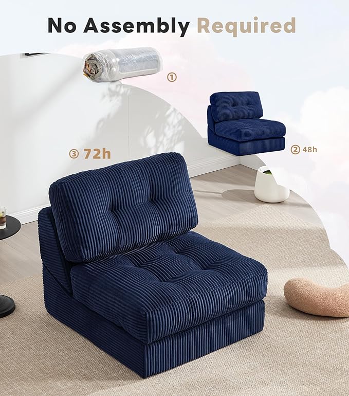 Tbfit 35.8'' Folding Sofa Bed, Convertible Sleeper Chair with Large Pillow, Corduroy Folding Couch Bed, Portable & Foldable Mattress Boneless Floor Sofa Set of 2, Blue