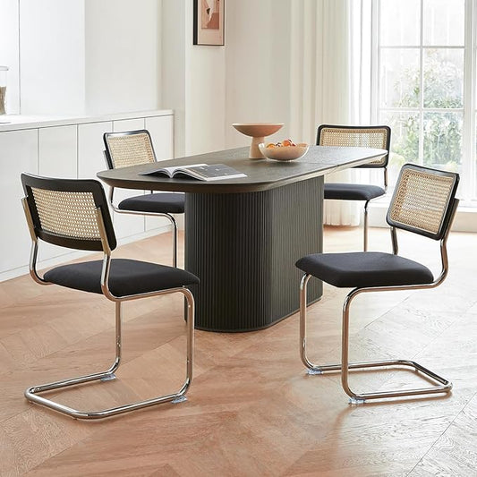 Black Chrome Rattan Dining Chairs Set of 4,Wooden Mid-Century Modern Kitchen Chairs, Mesh Back Cane Dining Room Chair, Cesca Design Chairs with Metal Chrome Legs