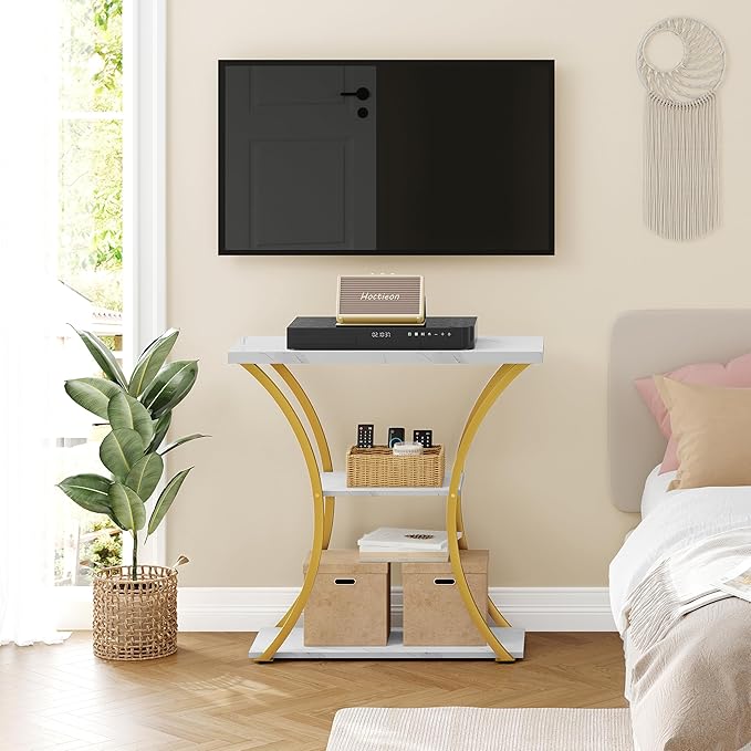 Hoctieon 3 Tier Console Table with Open Wood Shelves, Decorative Entryway Table with Curved Metal Frames, Narrow Sofa Table for Entrance, Living Room, Hallway, Gold and White Marbled