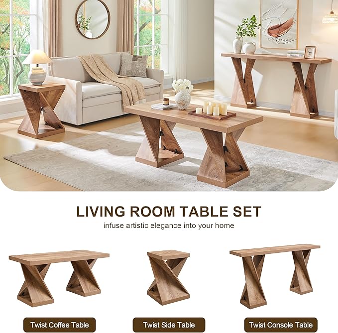 OKD Modern Coffee Table, 48" Twisted Center Table with Wood Thickened Pedestal, Rectangular Rustic Living Room Table, Farmhouse Storage Low Cocktail Tea Table, Light Tree Knot