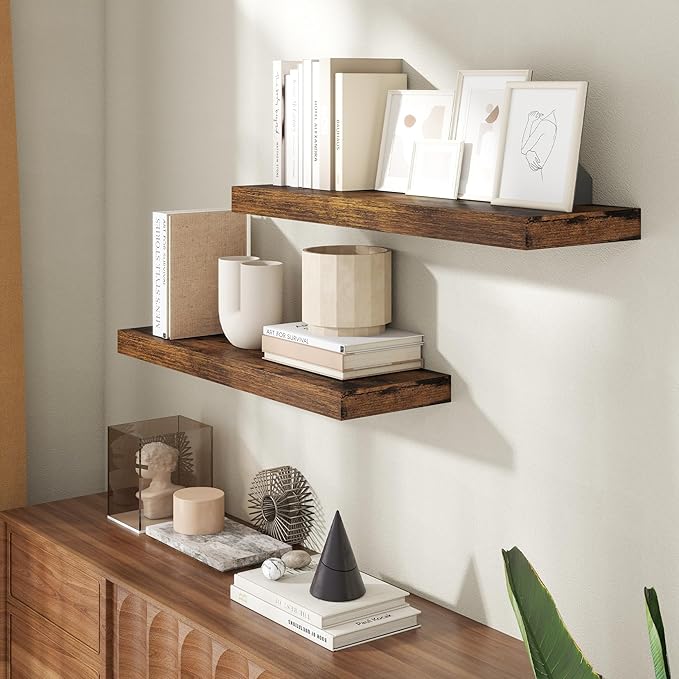 30 Inch Floating Shelves for Wall, 8 Inch Deep Floating Shelf for Storage & Display, Wall Mounted Shelf with Invisible Brackets for Living Room, Kitchen, Bathroom, Home Decor, Set of 2, Rustic Brown