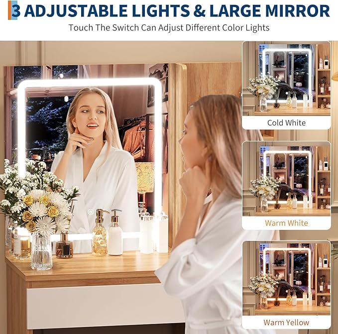 GarveeHome Vanity Desk with Mirror and Lights - Modern Makeup Dressing Table with Outlets, Storage Stool, 4 Drawers & Hair Dryer Holder - 3 Colors LED Vanity Mirror, Vanities for Bedroom, Natural