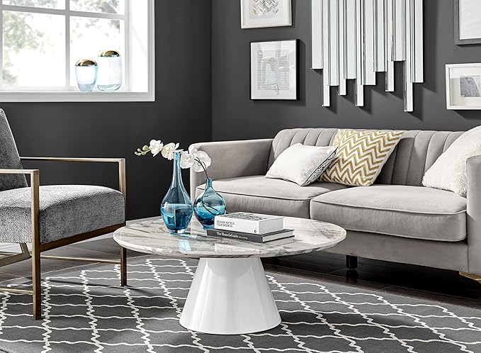 Furniturebox UK Coffee Table - Palma Round Coffee Table - Contemporary Minimalist Coffee Table with Tapered Central Pillar - White Marble-Effect Finish - Living Room Furniture