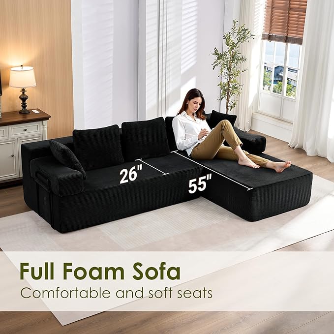105" L-Shaped Modular Sectional Sofa with L-Shaped Boneless Couch, Cloud Couches for Living Room with Removable Arms, Convert Left/Right Facing, Plush Corduroy, No Assembly, Black