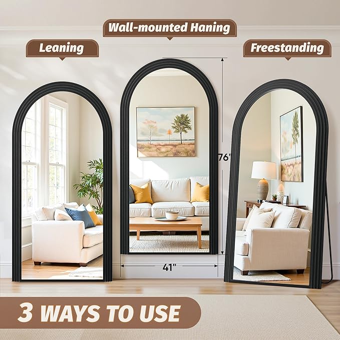 Antok Full Length Mirror 76"×41" Floor Mirror Standing Tall Mirror, Arched Stand up Large Wall Mirrors, Freestanding Full Body Mirrors for Bedroom Living Room Wood Vintage Style Black