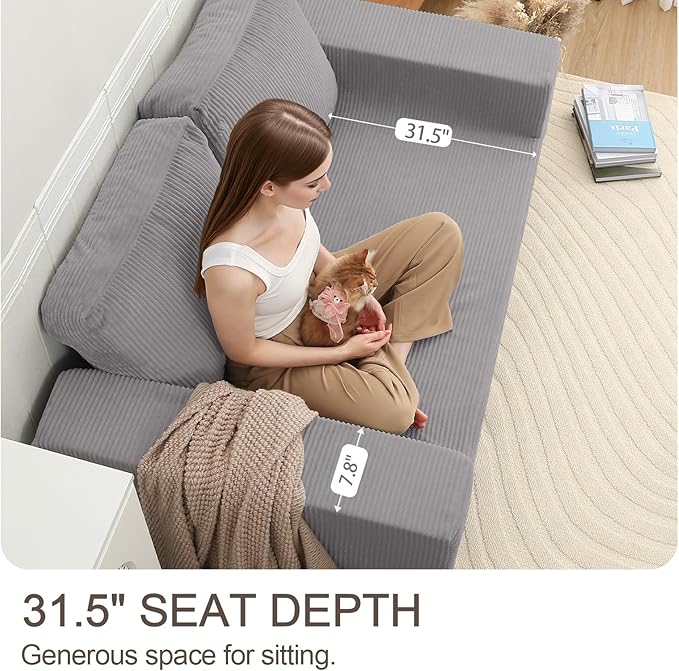 COMAX Convertible Sofa Bed Queen, Folding Fold Out Couch Bed, Floor Futon Couch Corduroy with Back Pillows, Boneless Sofa Comfy Lounge Sleeper Mattress Loveseat for Living Room Bedroom, Light Grey