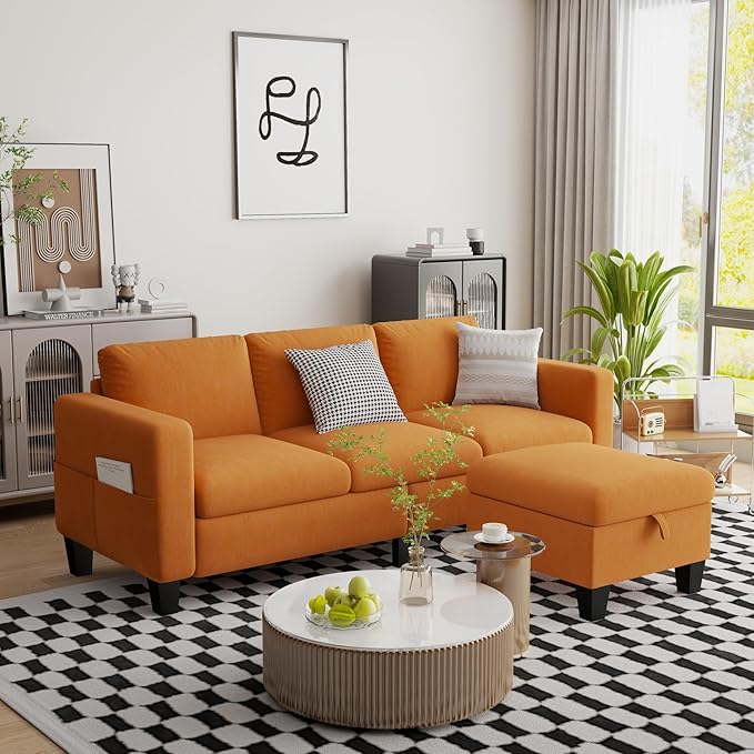 Sectional Sofa Couches for Living Room - 78''Convertible Modular Three-Seater L-Shaped Pet-Friendly Couch,Washable Sofa Cover-Bench Storage, Suitable for Small Living Room, Apartment,Office-Orange