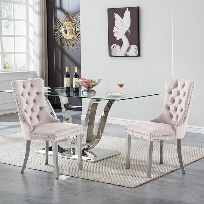 70" Modern Silver Glass Dining Table Set for 4, 5-Piece Rectangle Kitchen Dining Room Table Set with Steel Base & 4 Beige Velvet Upholstered Chairs, Modern Glass Kitchen Table and Chairs Set of 4