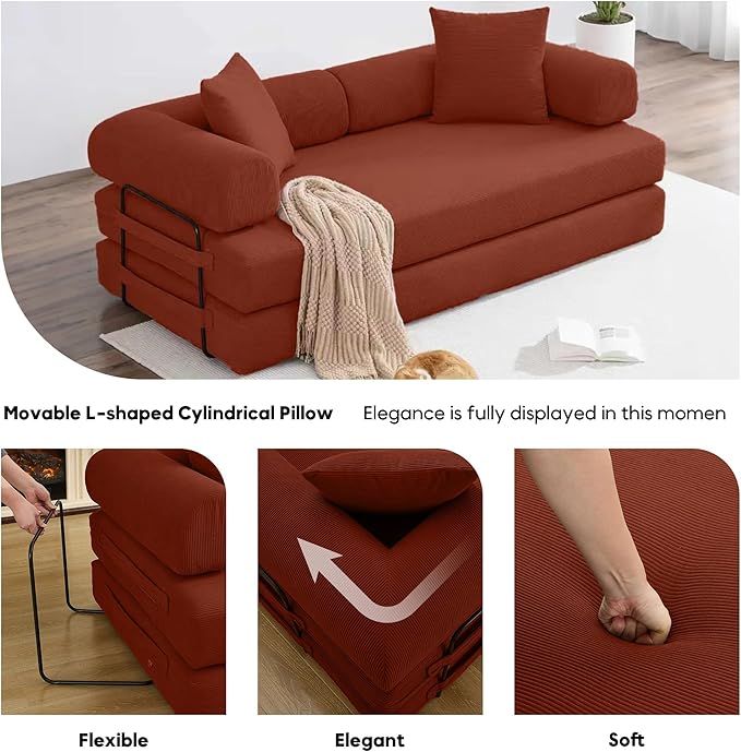 Convertible Sleeper Sofa Bed with Cylindrical Pillow, Corduroy Folding Boneless Couch with Fixed-Shape Frame, Floor Sofa Lounge Couch for Living Room Bedroom Lounge Studio-Ancora Red