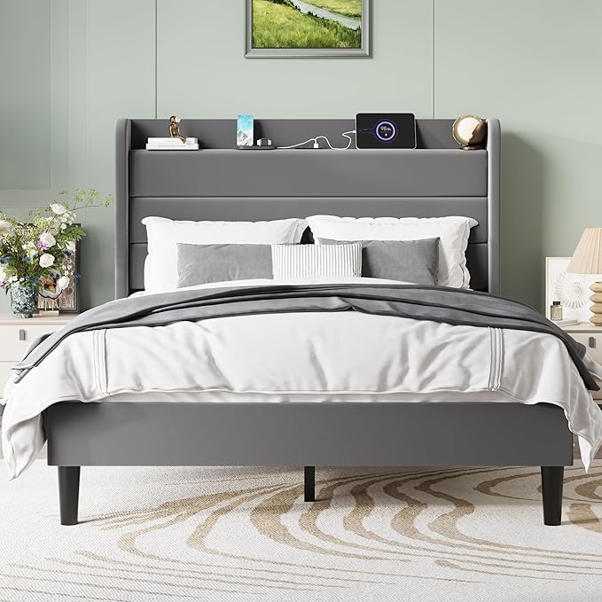 SHA CERLIN Full Size Bed Frame with Charging Station, Velvet Upholstered Platform Bed, Wingback Storage Headboard, Type-C & USB Ports, Strong Wooden Slats, No Box Spring Needed, Easy Assembly, Grey