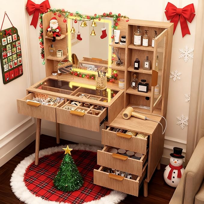 Fluted Vanity Desk with Mirror and Lights, 3 Color Clear Glass Door Dressing Table with Charging Station, 5 Drawers Glass Top Makeup Vanity with 9-Grid Organizer and 10 Storage, Light Oak