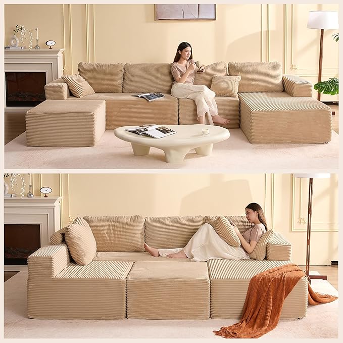 138" Boneless Couch with Deep Seat, Modular Sectional Sofa, Cloud Sectional Couch for Living Room, No Assembly Required, Corduroy, U-Shape 4 Seater Right, Camel