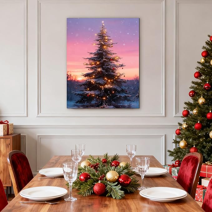 Framed Christmas Pictures Wall Decor,Vintage Pine Tree Prints,Winter Christmas Canvas Wall Art Decoration for Bedroom Bathroom Living Room Rustic Xmas Holiday Gifts (Christmas Tree 10, 24'' X 36'')