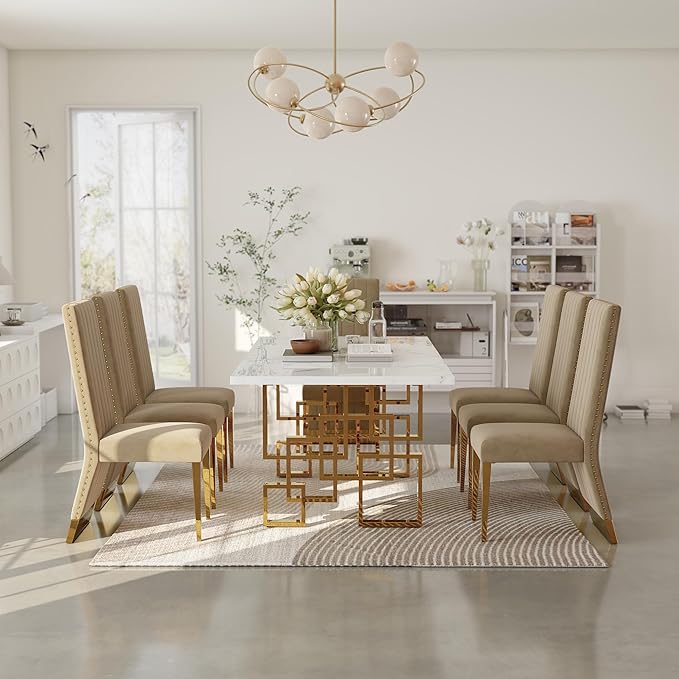 AUZ Dining Chairs with Nail Head Trim, Modern Velvet Upholstered Dining Room Chairs in Lovely Color with Polished Gold Stainless Steel Legs, Set of 6