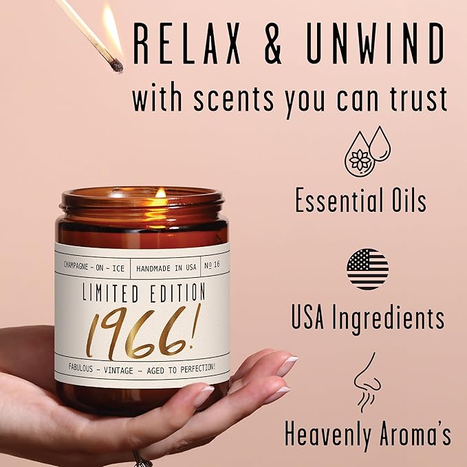 59th Birthday Gifts for Women - 'Limited Edition 1966' Soy Candle, w/Champagne on Ice I 59 Birthday Gifts for Women I 59th Gift for Her Ideas I 9oz Reusable Jar, 50Hr Burn, Made in USA