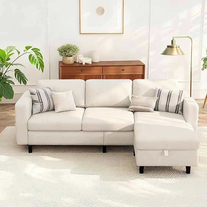 Small Sectional Couch, L Shaped Sectional White Couch in a Box, Small Couches with Ottoman, 3 Seater Sofa for Living Room, Apartment, Dorm, Office