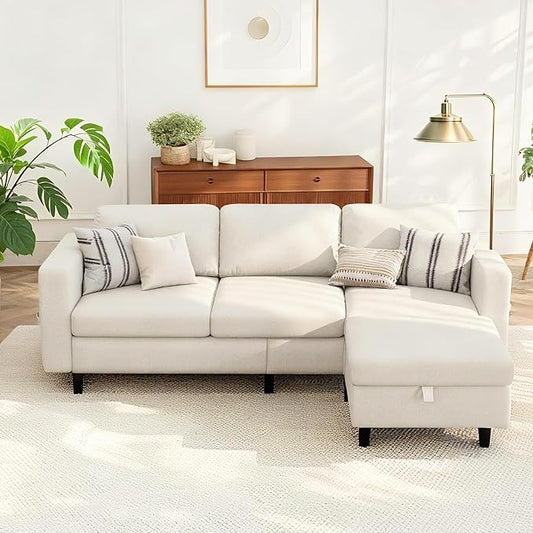 Small Sectional Couch, L Shaped Sectional White Couch in a Box, Small Couches with Ottoman, 3 Seater Sofa for Living Room, Apartment, Dorm, Office