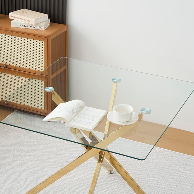 36" Square Glass Dining Room Table for 4 with Tempered Glass Top and Gold Chrome Metal Legs, Modern Clear Kitchen and Dinner Table for Home Office Dining Room