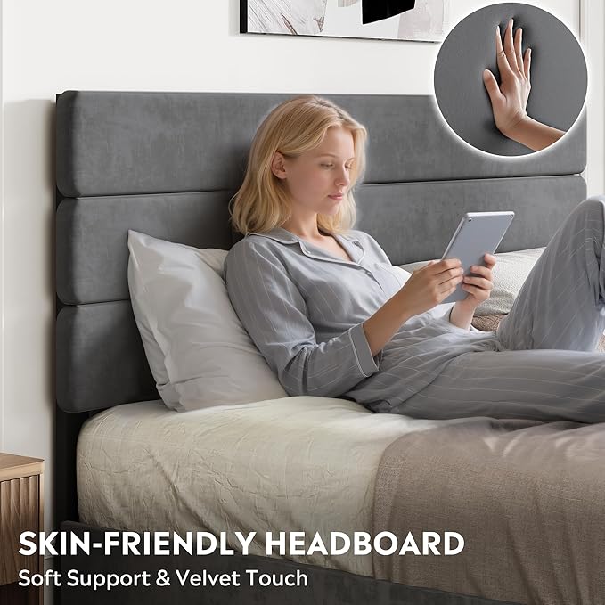 WLIVE Queen Size Upholstered Bed Frame with 4 Drawers and Velvet Square Tufted Headboard, Sturdy Metal & Wooden Slats Support, No Box Spring Needed, Easy Assembly, Dark Grey