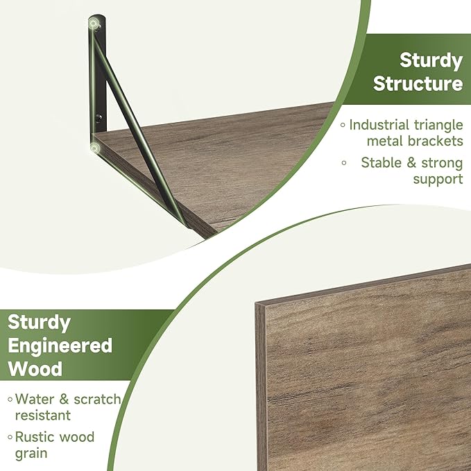 Heimlove 12 Inch Deep Floating Shelves for Wall, 16W x 12D Wide Floating Shelves Heavy Duty, Wood Wall Shelves for Living Room Bedroom Bathroom Kitchen- Set of 4