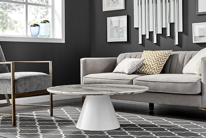 Furniturebox UK Coffee Table - Palma Round Coffee Table - Contemporary Minimalist Coffee Table with Tapered Central Pillar - White Marble-Effect Finish - Living Room Furniture