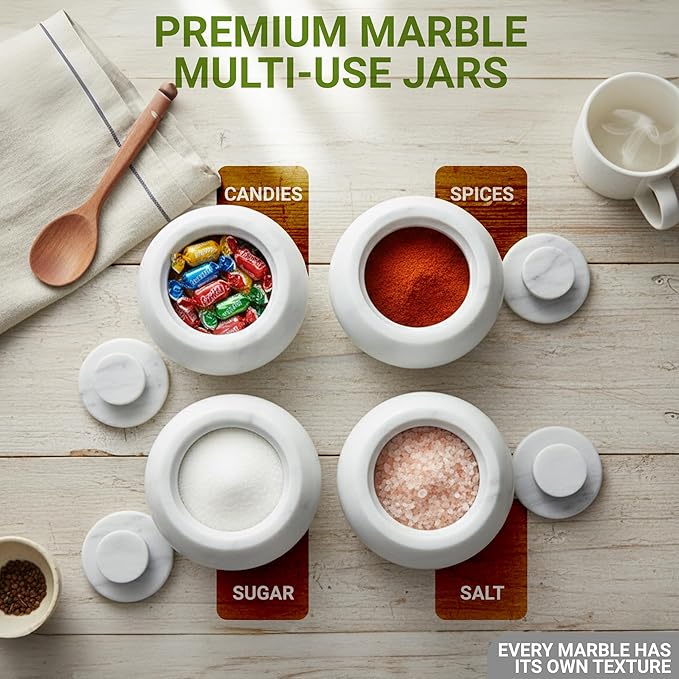 Marble Round Candy Jar Handmade Cover Pot Storage - Deep Covered Kitchenware Jar Container, Ziarat White