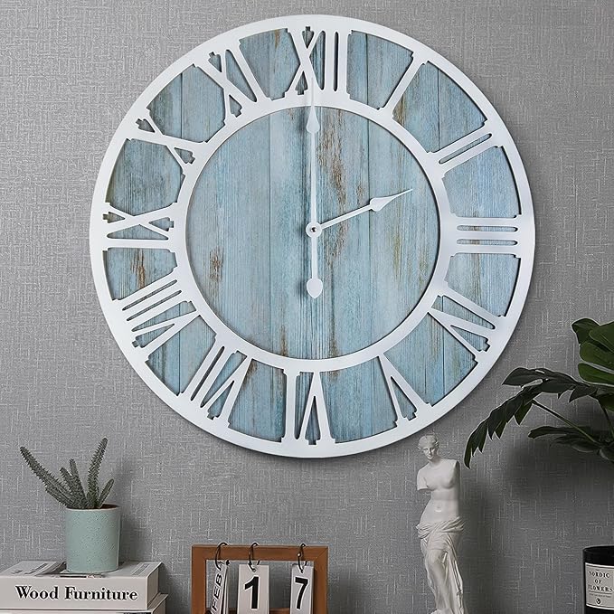 1st owned Wall Clocks for Living Room Decor,24" Vintage,Round Silent Non Ticking,Black Metal,Modern Wood Clocks for Home Bedroom,Kitchen,Garden,Office,Cafe,Modern Wall Decoration -Roman Numerals