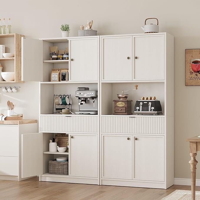 IDEALHOUSE Tall Storage Cabinet, 70" Kitchen Pantry Cabinet with Doors, Fluted Kitchen Hutch Cupboard with Microwave Shelf & Drawer, Freestanding Cupboard for Dining Room, Living Room, Antique White